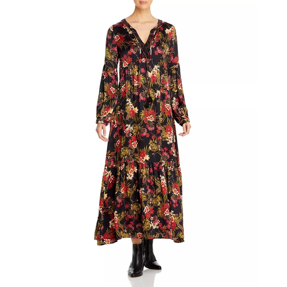 Johnny Was Workshop Maxi Boho Dress Floral Leopard Print Tassel W33320A-O L